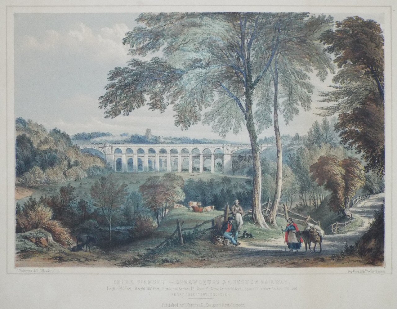 Lithograph - Chirk Viaduct - Shrewsbury & Chester Railway. - Hawkins